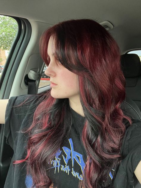 Dark Red Hair Black Highlights, Burgundy Peak A Boo Highlights, Black Lowlights In Red Hair, Dark Red Hair With Black Tips, Red With Light Red Highlights, Red Hair With Black Front Pieces, Dark Red Hair With Brown Highlights, Black W Red Highlights, Cherry Red Hair With Black Highlights