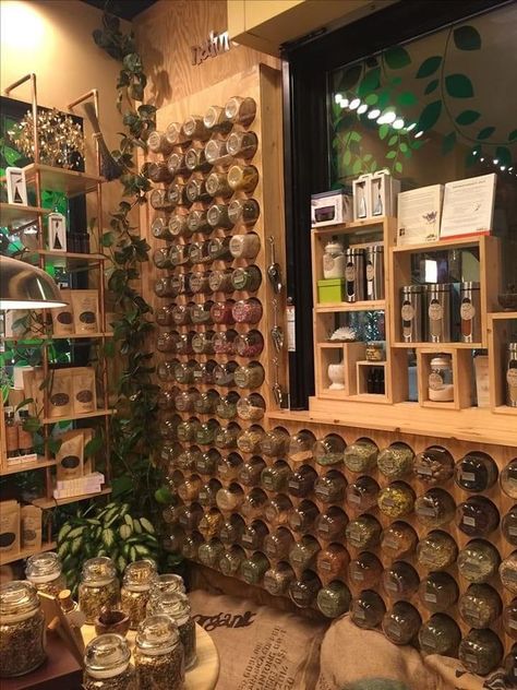 Practical Magic Herb Room, Medicinal Herb Storage, Cute Apothecary, Herbal Apothecary Aesthetic Room, Herbalist Aesthetic Room, Home Apothecary Aesthetic, Mobile Herbal Store, Herb Collection Aesthetic, Hanging Merchandise Display Ideas