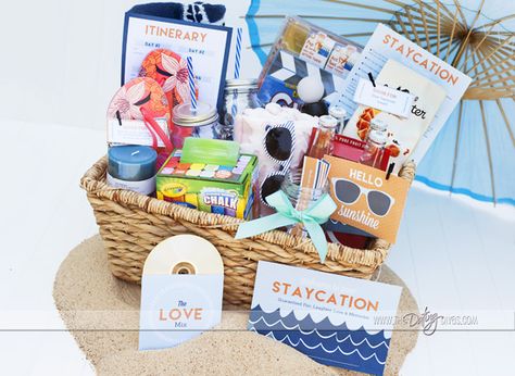 Staycation Printable Kit Easy Ideas for Fun at HOME Auction Gift Basket Ideas, Summer Gift Baskets, Auction Basket, Raffle Basket, Auction Baskets, Summer Staycation, Raffle Baskets, The Dating Divas, Dating Divas