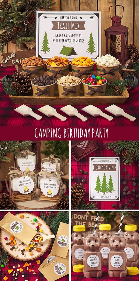 Campout Themed Birthday Party, Camper Retirement Party Ideas, Outdoor Themed Party Ideas, Adventure Birthday Party Theme, Camp Out Bday Party, Camping Theme 3rd Birthday Party, Food For Camping Themed Party, Happy Camper Retirement Party, Camping Food Party