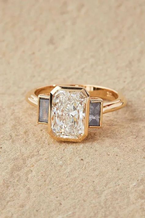 Radiant Bezel Set Engagement Ring with Salt & Pepper Baguettes Radiant Bezel, Nontraditional Rings, Creative Engagement Rings, Colored Stone Engagement Rings, Honey Jewelry, Bezel Set Engagement Ring, Radiant Engagement Rings, Cute Engagement Rings, Bezel Engagement Ring