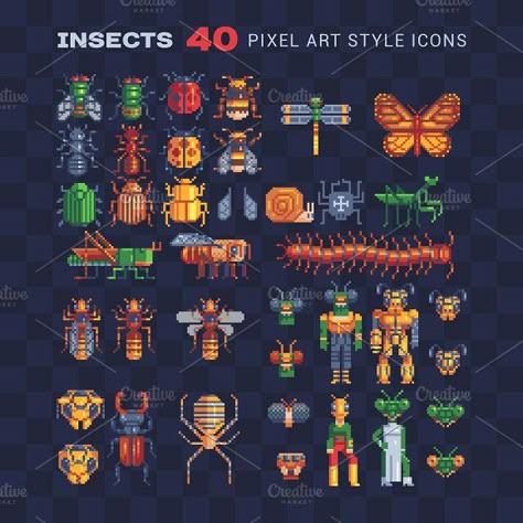 Insects pixel art icons by VectorPixelStar on @creativemarket Butterfly Character, Pixel Characters, Style Chart, Art Advice, Needlepoint Tapestry, 8 Bits, Webpage Design, Doodle Art Designs, Flat Vector