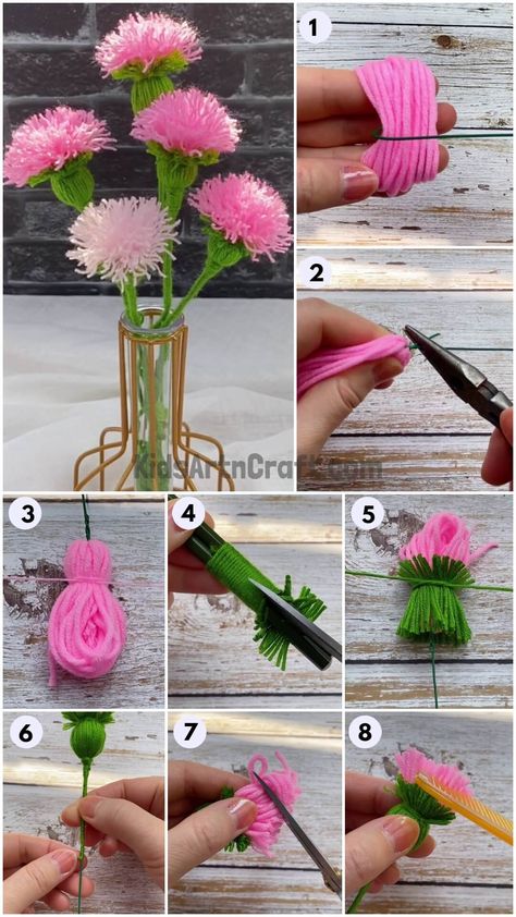 Beautiful Wool Flowers Step-by-step Tutorial For Kids - Kids Art & Craft Pom Pom Dandelion, Flower Yarn Craft, Pom Pom Decor Ideas, Yarn Flowers Diy Simple, Wool Pom Poms, Flower Pom Poms Diy, Easy Yarn Flowers, Easy Wool Crafts, Wool Flowers Diy