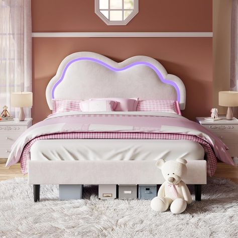 OMG this bed is out of this world!! A built in LED strip adds such a cool touch! Your kids will lose their mind over this! Space under bed for storage too! SO COOL! Cloud Headboard, Contemporary Bed Frame, Room Improvement, Led Bed, Girl Bed, Led Beds, Dreamy Atmosphere, Shaped Headboard, Led Bed Frame