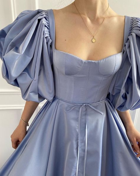 Teuta Matoshi on Instagram: “A summer look: baby blue gowns for lounging around all afternoon 🌠 #teutamatoshi #teutamatoshiduriqi” Teuta Matoshi, Puff Sleeve Gown, Tulle Homecoming Dress, Yule Ball, Short Prom Dress, Fairytale Dress, Dream Dresses, Satin Prom Dress, A Castle