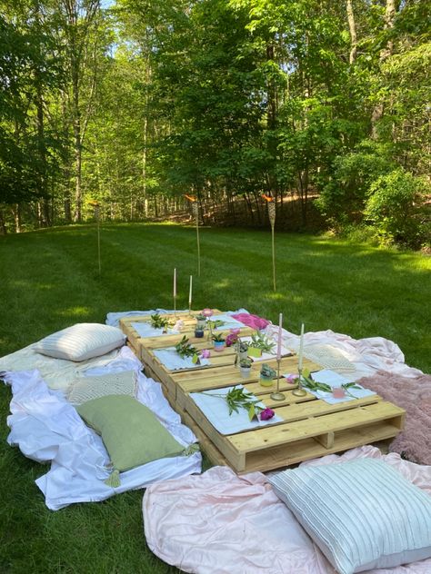 Picnic With Table, Picnic Table Party Decor, Cute Park Birthday Party, Outdoor Picnic Bachelorette Party, Cute Girls Picnic Ideas, Outdoor Picnic Bridal Shower Ideas, Bachelorette Party Ideas Picnic, Picnic Aesthetic With Table, Low Picnic Table Outdoor Parties