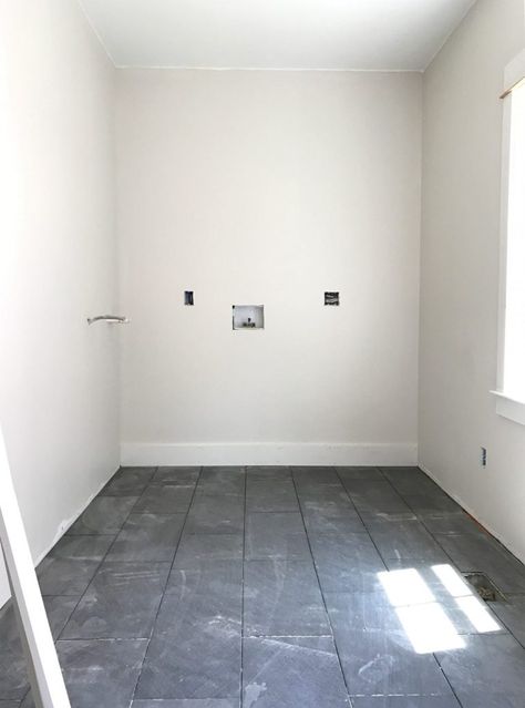 #103: Regrets From Our Beach House Reno | Young House Love Slate Tile Floor Bathroom, Grey Slate Bathroom, Beach House Laundry Room, Dark Grey Tile Bathroom, Dark Floor Bathroom, Dark Tile Bathroom, Slate Bathroom Floor, Slate Bathroom Tile, Dark Tile Floors