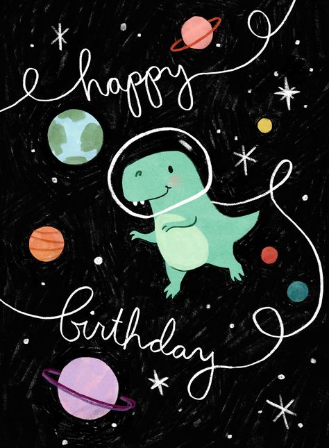 Cute dinosaur in outer space art, t-rex birthday card for kids, dinosaur illustration, friendly dinosaur art, dinosaur greeting card Dinosaur In Space, Space Birthday Card, Birthday Card Art, T-rex Art, Birthday Card For Kids, Happy Birthday Illustration, Outer Space Art, Happy Birthday Art, Birthday Illustration