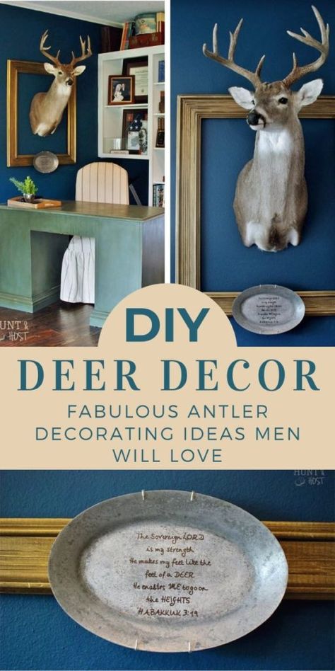 What to do with a deer head or other hunting mounts that your husband wants to hang in your home. Compromise with this simple solution to hanging game in your home. #deerdecor #hunting Deer Mounts In Living Room, Decorating With Deer Mounts, Deer Shoulder Mount, Deer Mount Decor, Diy Hunting, Deer Head Decor, Deer Heads Mount, Deer Antler Decor, European Mount