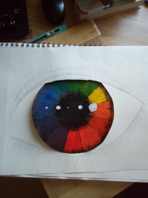 Colour wheel eye project Color Wheel Painting Projects, The Colour Wheel Art Projects, Color Wheel Art Ideas Student, Creative Color Wheel Projects 3d, Colour Wheel Painting, Unique Color Wheel Ideas, Colour Wheel Ideas Creative Art, Color Wheel Art Projects High Schools, Eye Color Wheel