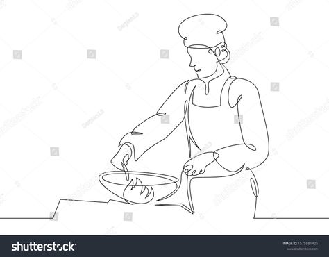 Continuous one art line outline drawing of chef cooking gourmet meal,chef preparing food.The cook prepares food in the kitchen images illustration Line Animation, Line Doodles, Siluete Umane, Single Line Drawing, Chef Cooking, Continuous Line Drawing, Desenho Tattoo, Outline Art, Outline Drawings