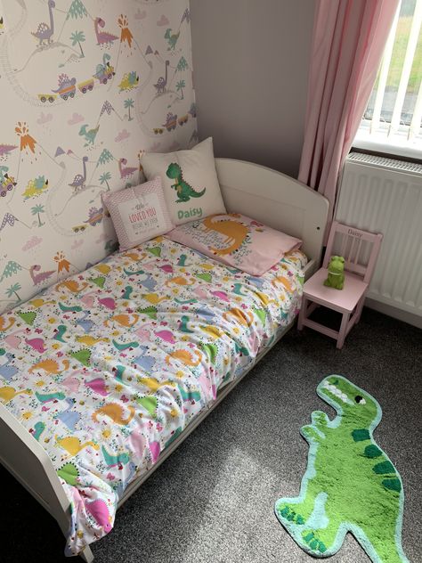 Unicorn And Dinosaur Bedroom, Rainbow Dinosaur Room, Girls Dinosaur Bedroom, Girl Dinosaur Room, Dinosaur Nursery Girl, Dinosaur Toddler Room, Dinosaur Baby Room, Dino Room, Kids Bed Sheets