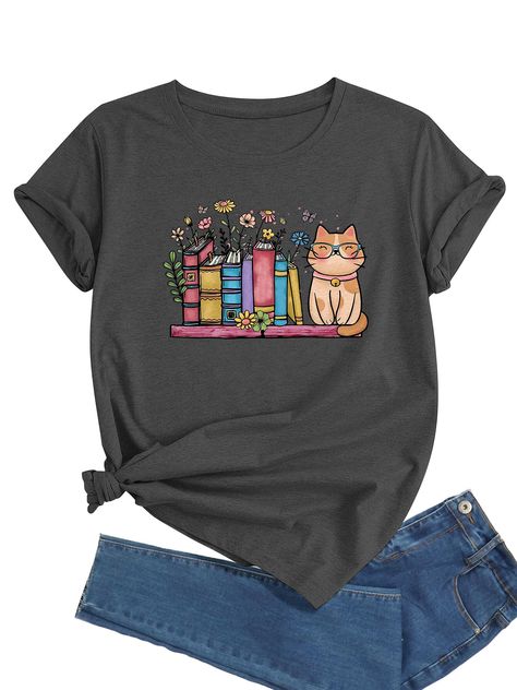 PRICES MAY VARY. Material - This women's cat book graphic T-shirt is made of Polyester Rayon Spandex, which is breathable, elastic, lightweight, comfortable, soft and skin-friendly, provide you a pleasing wearing experience all day. Features - Cat book floral graphic design makes a great gift for cats and book lover readers. Women's graphic tees, women's t shirts graphic book cat flower, women's t shirts graphic cat with book, short sleeves, solid colors and prints. Matching - Women's t shirts g Tshirt For Women Casual, Goblin Clothes, Tired Person, Cat Tee Shirts, Book Graphic, Cat Book, Graphic Book, Summer Graphic Tee, Shirts Graphic