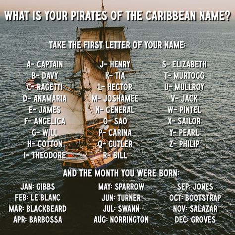 Whats your Pirates of the Caribbean name? #acop #americanconsumeropinion #surveysformoney #namegame Pirate Names Ideas, Pirate Names Female, Pirate Nicknames, What Is Your Pirate Name, Whats Your Pirate Name, Pirate Name Generator, Pirate Name, Pirate Names, Surveys For Money