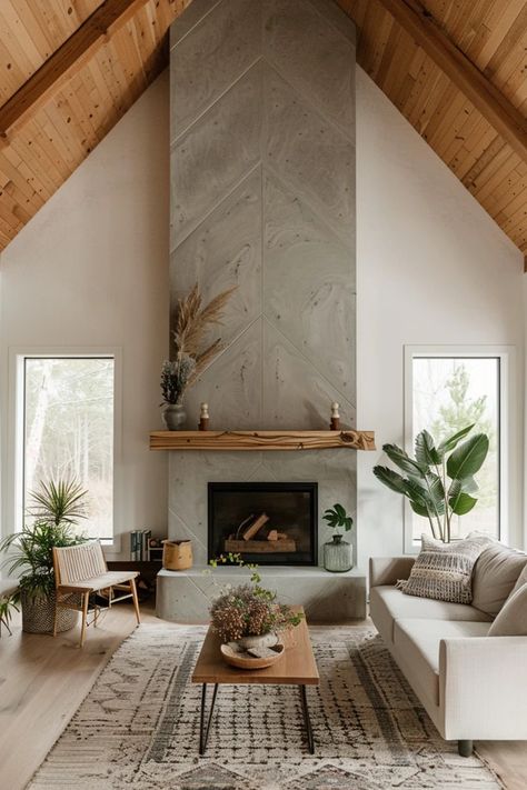 Discover elegant high ceiling fireplace wall ideas to transform your living space into a luxurious haven of warmth and style. Wooden Mantle On Stone Fireplace, Tall Living Room Fireplace, Asymetrical Fireplace Living Room, High Sloped Ceiling Living Room, Modern Lodge Fireplace, Accent Walls High Ceilings, 2 Story Fireplace Tile, 2 Story Fireplace Wall With Built Ins, Two Story Tile Fireplace