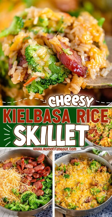 This delicious Cheesy Kielbasa Rice and Broccoli Skillet is bursting with flavor and is so easy to make! This easy skillet recipe comes together in a flash and is made in a single skillet for easy clean-up. One of our favorite easy weeknight dinners! | MomOnTimeout.com Kielbasa Rice And Broccoli, Kilbasa Sausage Recipes, Kielbasa Rice, Cheesy Kielbasa, Broccoli Skillet, Rice And Broccoli, Sausage Recipes For Dinner, Smoked Sausage Recipes, Sausage Dinner