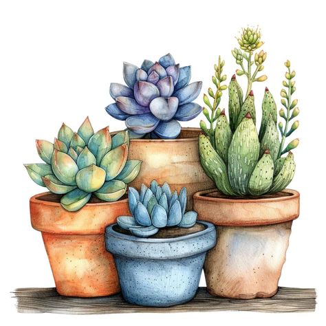 Succulents In Pots, Arte Folk, Wood Art Projects, Watercolor Art Lessons, Art Populaire, Cactus Y Suculentas, Jpg Images, Hanging Pots, Craft Art