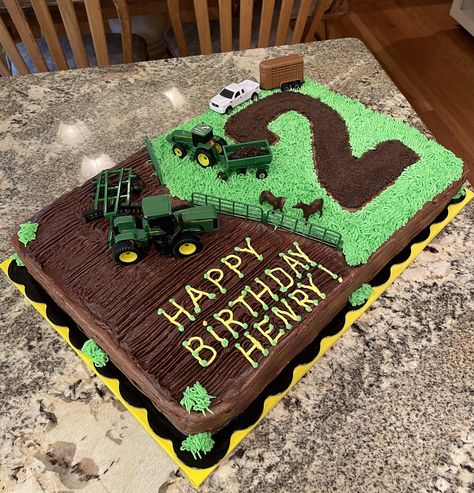 Cow And Tractor Birthday Cake, Tractor Cake Diy, Tractor Birthday Balloon Arch, Tractor Birthday Sheet Cake, Diy Tractor Birthday Decorations, Easy Tractor Cake 2nd Birthday, 2 Tractor Cake, Train Cake Easy, 1st Birthday Boy Tractor Theme