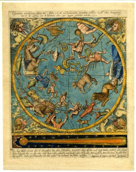 A map of the celestial globe with comet. 1618 Engraving illuminated in watercolour and gold Producer namePublished by: Caspar Hersbach  School/styleGerman  Date1618 Ancient Astronomy, Celestial Globe, Celestial Map, Alchemy Art, Print Map, Astrology Art, Ancient Maps, The Solar System, Old Maps