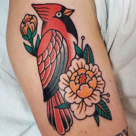 Cardinal Tattoo Traditional Style, Black And Grey Cardinal Tattoo, Cardinal Tattoo Traditional, American Traditional Cardinal Tattoo, Traditional Cardinal Tattoo, Half Sleeve Tattoos Traditional, Henna Leg Tattoo, General Tattoo, Traditional Tattoo Black And Grey