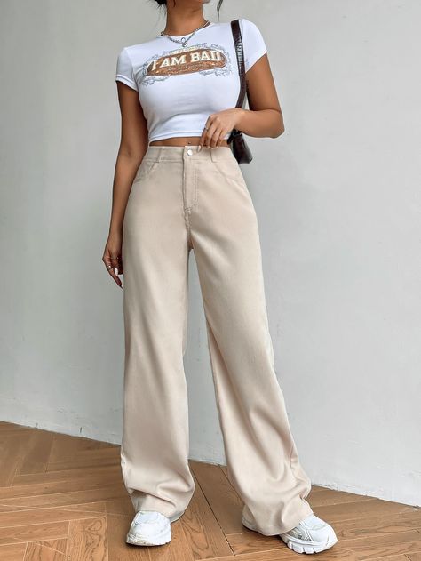 Cropped Shein, Beige Pants Outfit, Colored Pants Outfits, Moda Shein, Vestidos Shein, Beige Hose, Outfit Shein, High Waisted Wide Leg Jeans, High Waisted Pants Outfit