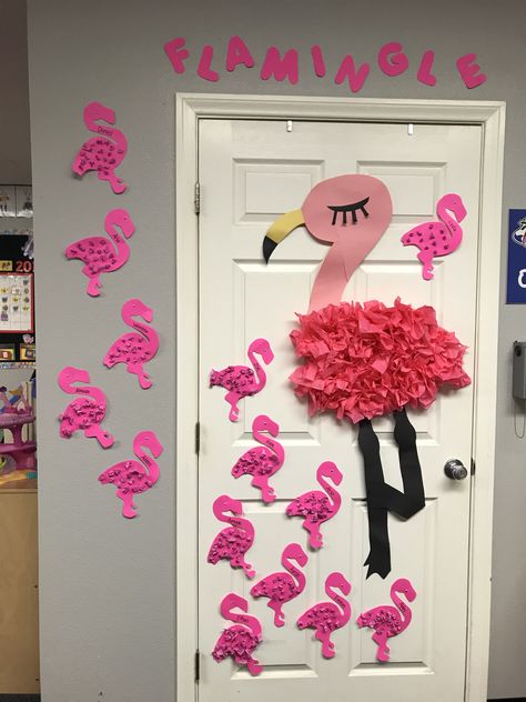 Flamingo bulletin board Flamingo Door Decoration, Flamingo Teacher Appreciation, Flamingo Classroom Door, Flamingo Bulletin Board Ideas, Flamingo Bulletin Board, Kindness Door, Pink Classroom Decor, Flamingo Crafts, Flamingo Classroom