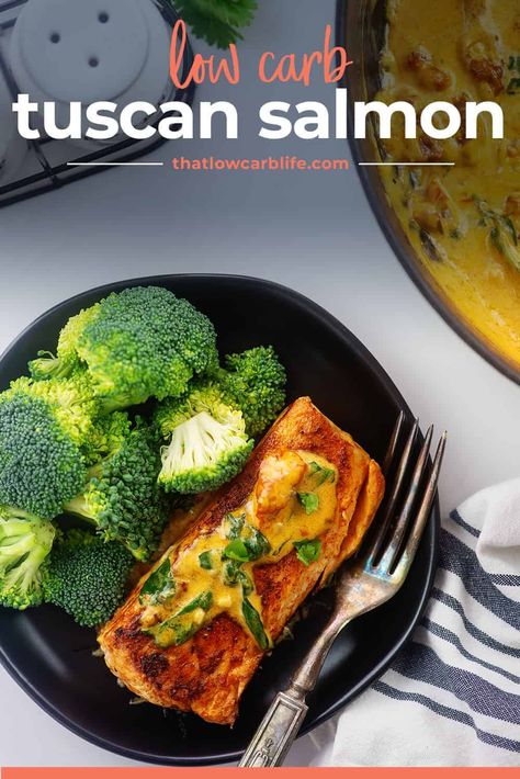 Low carb, keto friendly, and big on flavor! This Tuscan salmon is a family favorite. Creamy Tuscan Salmon, Low Carb Salmon Recipes, Tuscan Salmon Recipe, Tuscan Salmon, Low Carb Life, Low Carb Salmon, Salmon Filets, Recipe Using Chicken, Fresh Salmon