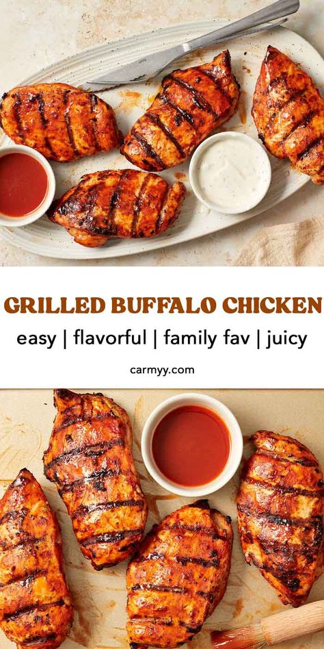 These grilled buffalo chicken breasts come together so easily for a quick weeknight meal. They have all of your favorite flavors of buffalo chicken wings but can be easily served in a sandwich, tacos, wraps, salad, and more! You can make this buffalo grilled chicken on the grill in the summer or in a grill pan throughout the year! Grilled Buffalo Chicken Tenders, Buffalo Chicken Marinade, Buffalo Grilled Chicken, Grilled Buffalo Wings, Grilled Buffalo Chicken Sandwich, Buffalo Chicken Grilled, Buffalo Chicken Breast, Smoked Pork Recipes, Cheesy Chicken Recipes