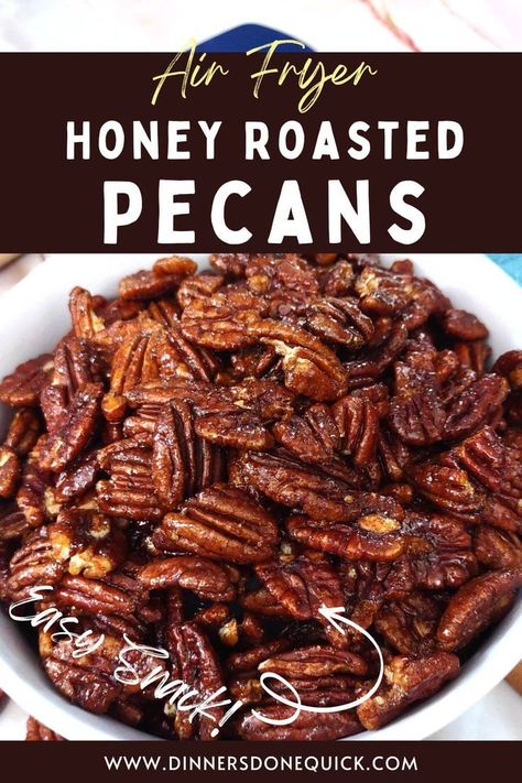 Air Fryer Glazed Pecans, Air Fryer Candied Pecans Easy, Roasted Salted Pecans Air Fryer, Honey Roasted Sesame Sticks Recipe, Honey Roasted Pecans Recipe, Roasted Pecans In Air Fryer, Air Fryer Pecans Recipe, Air Fryer Pecans, Air Fryer Candied Pecans