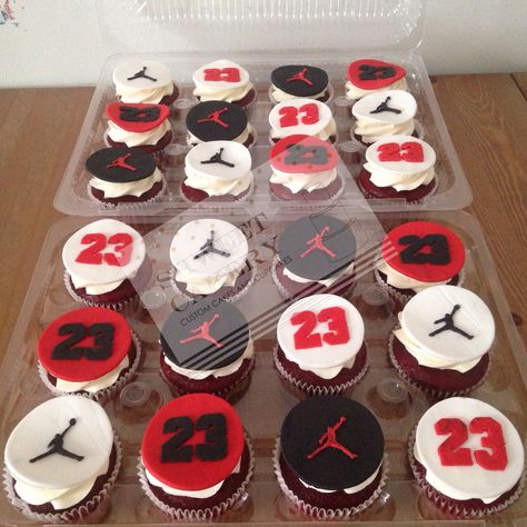 Air Jordan Cupcakes Jordan Cakes Birthdays, Michael Jordan Cupcakes, Jordan Birthday Cake Ideas, Jordan Year Party Ideas, Air Jordan Cake Ideas, Jordan Year Birthday Cake, Air Jordan Birthday Party Ideas, Jordan Themed Birthday Party, Jordan Theme Cake