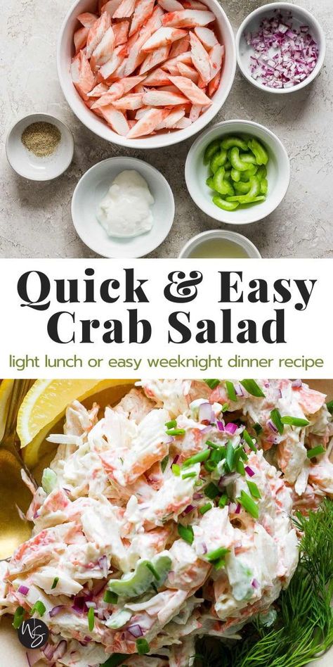 Our quick and easy Crab Salad is the perfect light lunch or easy weeknight dinner! Made with flaky crab meat, a creamy base, fresh herbs, and seasonings that bring all the best flavors. This seafood salad recipe has been a crowd favorite for years! Serve on its own, scoop it up with crackers, or turn it into a sandwich! This recipe is gluten-free and ready in 15-minutes! Best Crab Salad Recipe, Easy Crab Salad, Crab Salad Sandwich, Crab Meat Salad, Seafood Salad Recipe, Crab Pasta Salad, Crab Salad Recipe, Sea Food Salad Recipes, Crab Meat Recipes