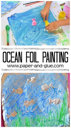 Ocean Foil Painting- make a beautiful sparkling ocean scene with this summer process art.  Fun project for preschool, kindergarten, or elementary. Summer Process Art, Project For Preschool, Ocean Activities Preschool, Underwater Activities, Foil Painting, Ocean Habitat, Ocean Theme Preschool, Beach Week, Water Activity