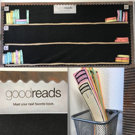 Genre Bulletin Boards Middle School, Book Tracker Bulletin Board, Reading Log Bulletin Board, Bulletin Board Bookshelf, Reading Tracker Bulletin Board, Currently Reading Bulletin Board, High School English Bulletin Boards, Reading Bulletin Boards Middle School, Ela Bulletin Boards Middle School