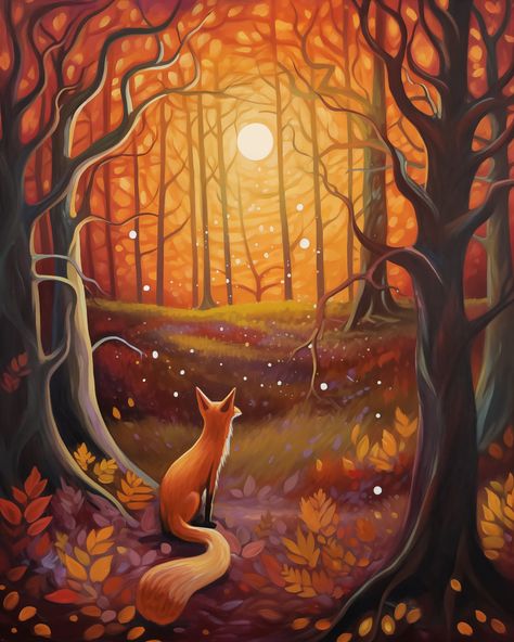 "\"Autumn's Sentinel\" is a captivating artwork that embodies the spirit of fall with a solitary fox set against the backdrop of a fiery autumnal forest. The amber glow of the setting sun filters through the trees, casting a warm light that dances on the fox's russet fur. Each leaf seems to hold a story, a note in the forest's symphony, as they blanket the earth in a mosaic of fall colors.The fox, poised and attentive, gazes into the distance, a guardian of the fading day. Its presence is a reminder of the wild's quiet watchfulness and the beauty of nature's cycles. This painting is an invitation to embrace the season's fleeting splendor, to pause and appreciate the enchanting display of nature's palette. It's a piece that will bring the essence of autumn's magic into any space, evoking a Autumn Woodland Illustration, Autumn Mythical Creatures, Autumn Fantasy Art, Fall Forest Painting, Fox In Autumn, Fox Paintings, Autumnal Forest, Fox Autumn, Happy Thanksgiving Wallpaper