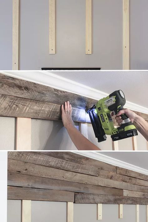 How to Create a Wood Pallet Accent Wall | Hunker Diy Wood Projects For Men, Pallet Accent Wall, Diy Projects For Men, Wood Pallet Wall, Plank Walls, Accent Wall Bedroom, Pallet Wall, Apartment Budget, Wood Pallet Projects