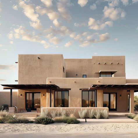 Experience the timeless elegance of Southwestern architecture with this modern minimalist Pueblo-style home. Featuring smooth adobe walls, flat roofs, and large windows, it blends tradition with modernity. Set against a picturesque desert backdrop, this residence offers a bright, airy living space with a serene, inviting atmosphere. The thoughtful landscaping and neutral color palette create a harmonious connection to its natural surroundings, exemplifying understated elegance. Modern Sustainable Architecture, Dessert House Exterior, Modern Desert Architecture, Desert Oasis Architecture, Modern Traditional Architecture, Desert Exterior House, Adobe Style Homes Exterior, Desert Homes Exterior Arizona, Arizona House Aesthetic