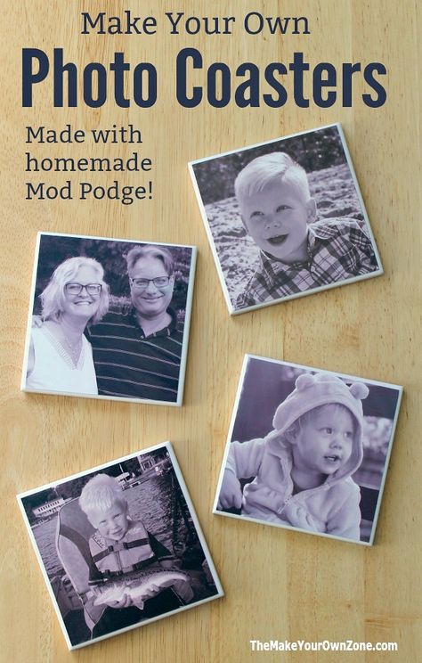 How To Make DIY Tile Photo Coasters - The Make Your Own Zone Photo Coasters Diy, Photo Tile Coasters, Mod Podge Photo Transfer, Homemade Mod Podge, Ceramic Tile Crafts, Picture Coasters, Diy Coasters Tile, Valentines Coasters, Mod Podge Projects