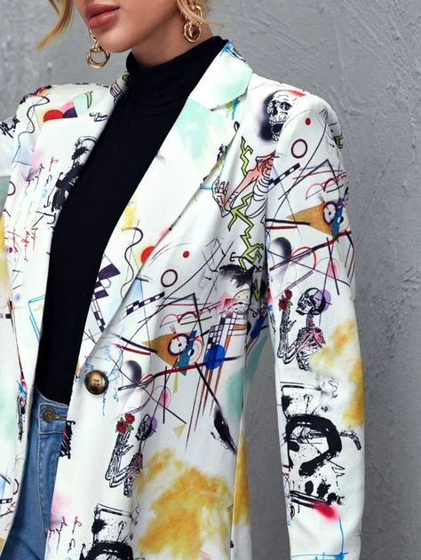 Notched Collar Single Button Pop Art Print Blazer | SHEIN USA Graphic Jackets, Mode Pop, Women Blazers, Slim Suit, Mode Jeans, Y2k Aesthetic Outfits, Plus Size Cardigans, Pop Art Print, Creation Couture