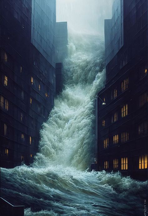 Water Flood Aesthetic, Flooded City Concept Art, Flooded City Aesthetic, Dam Breaking, Floods Drawing, Flood Aesthetic, Dam Aesthetic, Floods Pictures, Water Concept Art