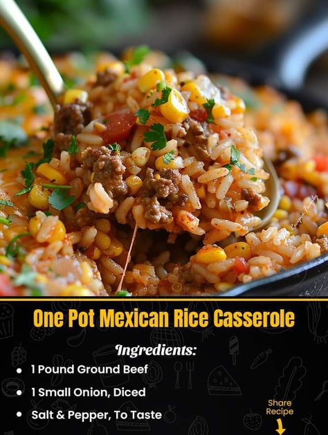 One Pot Mexican Rice Casserole, One Pot Mexican Rice, Skillet Taco, One Pot Mexican, Mexican Rice Casserole, Mexican Food Dishes, Ground Beef Recipe, Rice Casserole Recipes, Easy Ground Beef