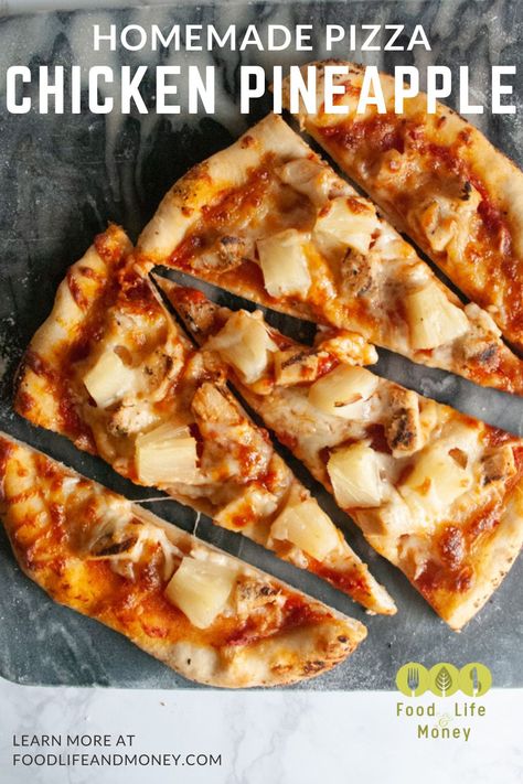 Delicious chicken pineapple pizza with mozzarella and marinara sauce. It is one of our favorite weeknight dinner recipes Chicken Pineapple Pizza, Easy Homemade Pizza Recipe, Pineapple Pizza Recipes, Pizza With Mozzarella, Homemade Pizza Recipe Easy, Pizza Dough From Scratch, Chicken Pizza Recipe, Pizza From Scratch, Homemade Pizza Recipe