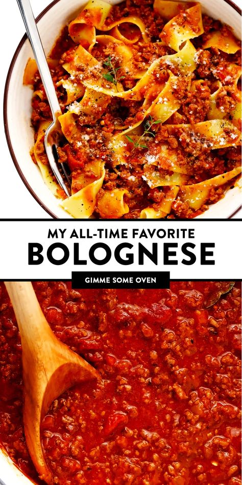 This amazing Bolognese sauce recipe is slow-simmered with a rich tomato base, a delicious blend of beef and pork, and the coziest blend of garlicky herb seasonings.  Serve with pasta, gnocchi, or roasted eggplant and enjoy! | gimmesomeoven.com #bolognese #italian #meat #sauce #marinara #pasta #spaghetti #dinner #beef Giada's Bolognese Sauce, Boston Pizza Bolognese Sauce Recipe, Bolganese Sauce Recipe, Italian Bolognese Sauce Authentic, Best Spaghetti Bolognese Recipe, Bolognese Recipes, Bolognese Sauce Authentic, Best Bolognese Sauce, Beef Bolognese