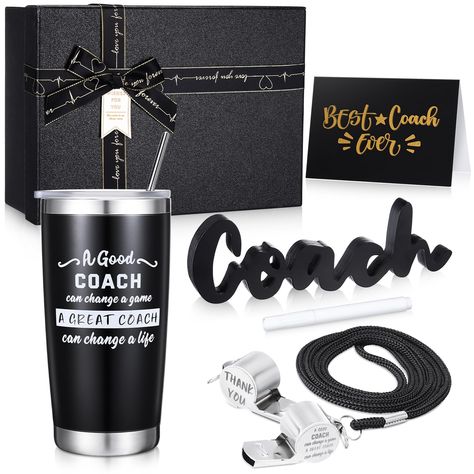 PRICES MAY VARY. Thank you gifts for coach: you will receive 6 pieces of baseball coach gifts in this package, including a 20 oz encouragement stainless steel straws tumbler, 1 coach whistle with lanyard, 1 coach wood word sign, 1 pen, 1 greeting card, 1 gift box. Which is a practical and thoughtful set that to express your love and gratitude to your coach Surprise gift box for coach: the tumbler cup is made of stainless steel, which is very reliable in use. The double layer design of the cup ca Football Coach Gift Ideas, Coach Presents, Volleyball Coach Gifts, Coach Appreciation Gifts, Basketball Coach Gifts, Football Coach Gifts, Soccer Coach Gifts, Baseball Coach Gifts, Surprise Box Gift