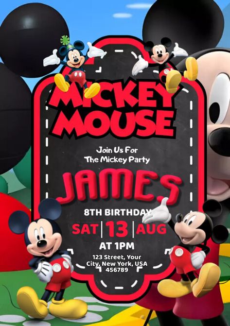 Mickey Mouse Birthday Invitation, Mickey Decorations, Mickey Mouse Themed Birthday Party, Mickey Mouse Birthday Invitations, Mickey Mouse Balloons, Happy Birthday Template, Invitation Flyer, Mickey Mouse Cake, Birthday Flyer