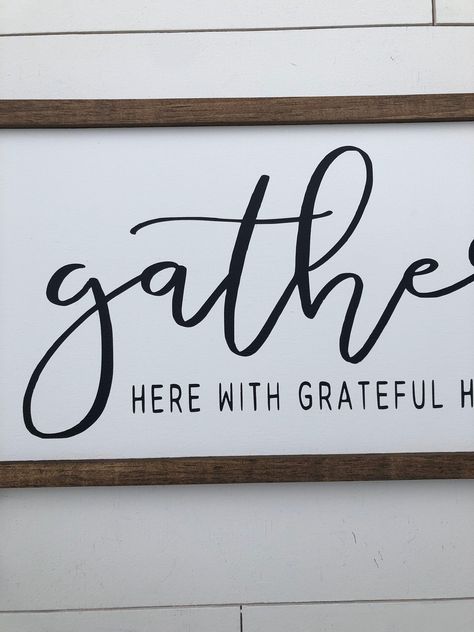 Gather Quotes, Gather Wood Sign, Dining Room Decor Rustic, Wood Kitchen Signs, Farmhouse Kitchen Signs, Gather Sign, Dancing In The Kitchen, Black Sign, Thanksgiving Signs