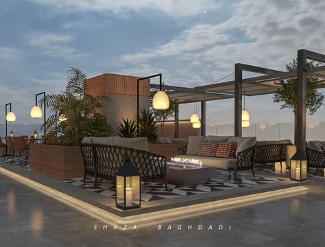 Roof-Top Restaurant Design on Behance Neoclassic Design, Roof Top Cafe, Rooftop Ideas, Rooftop Restaurant Design, Roof Terrace Design, Terrasse Design, Terrace Restaurant, Terrace Garden Design, Terrace Decor