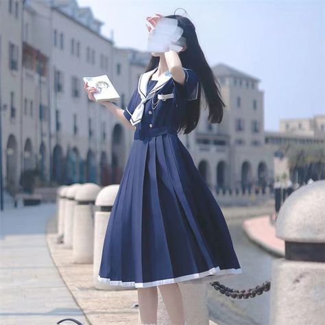 Sailor Style Dress Vintage | Kawaii Lolita Sailor Dress | Sailor Dress Clothing - Style - Aliexpress Sailor Dress Women, Sailor Collar Dress, Japanese Dress, Sailor Dress, Sailor Collar, Woman Dress, Women Cargos, Comfy Fashion, Womens Dress Pants