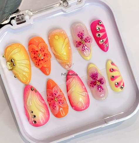 Thank you for stopping by and supporting a small business!💖 💐 Colorful Sunset Tropical Flower Press On Nails: The Ultimate Custom Flower Nail Set. 🌺" Colorful Sunset Tropical Flower Press On Nails, Custom Flower Nail Set, Trendy Fake Nails for Stylish Ladies, 3D Handcraft Nail Art, Freestyle Fake Nails, Gift for Her.", Almond Nails, Long Nails, Short Nails, Flower Nails, 3D Nails, Fruit Nails, Summer Nails. 🌸Elevate your summer style with our Colorful Sunset Tropical Flower Press On Nails. T Bright Vacation Nails, Nails Fruit, Nails Tropical, Flower Press On Nails, Cow Rug, Sunset Tropical, Fruit Nails, Sunset Nails, Nails Flower