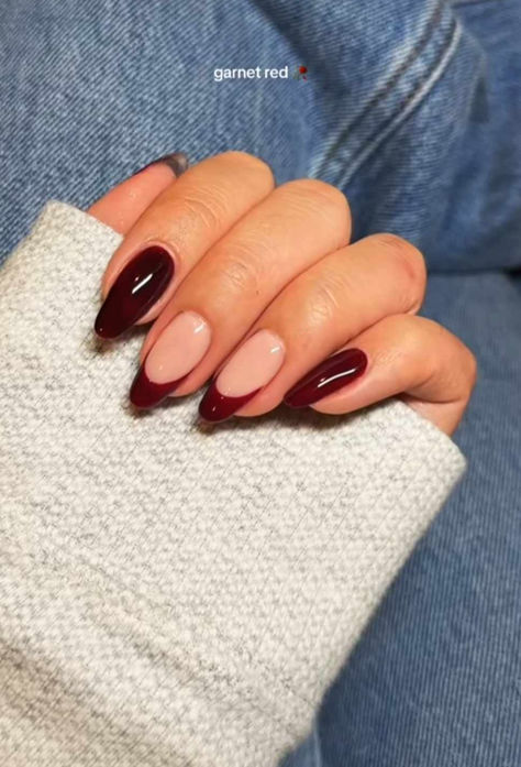 November Nails Aesthetic, Garnet French Tip Nails, French Dark Red Nails, Dark Red Fall Nails Design, Dark Red Acrylic Nails Almond, Red Beige Nails, French Tip Burgundy Nails, Dark Cherry Red Nails French Tip, Nails November 2023