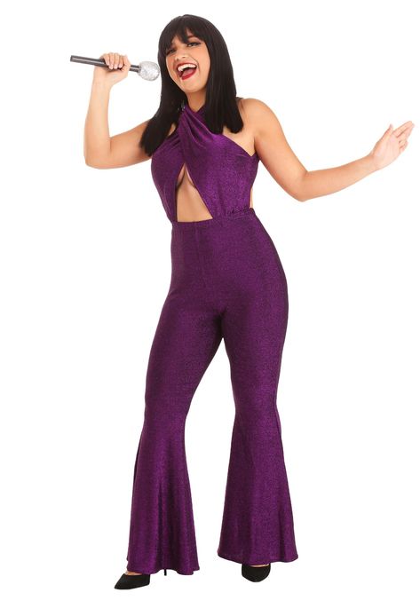 Selena Costume, Metallic Jumpsuit, Singer Costumes, Purple Jumpsuit, Metallic Jumpsuits, Bell Pants, Celebrity Halloween Costumes, Small Women, Pop Singers